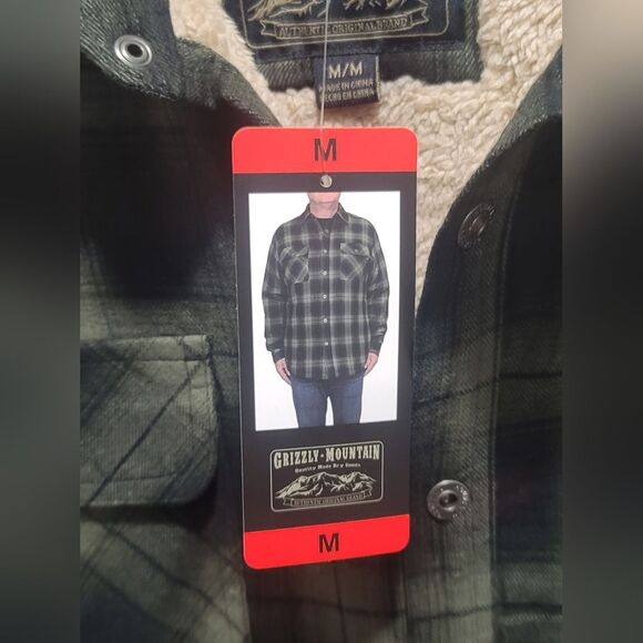 Grizzly Mountain Sherpa Lined Men's M Flannel Shirt Jacket Shacket Green Plaid - Picture 14 of 16